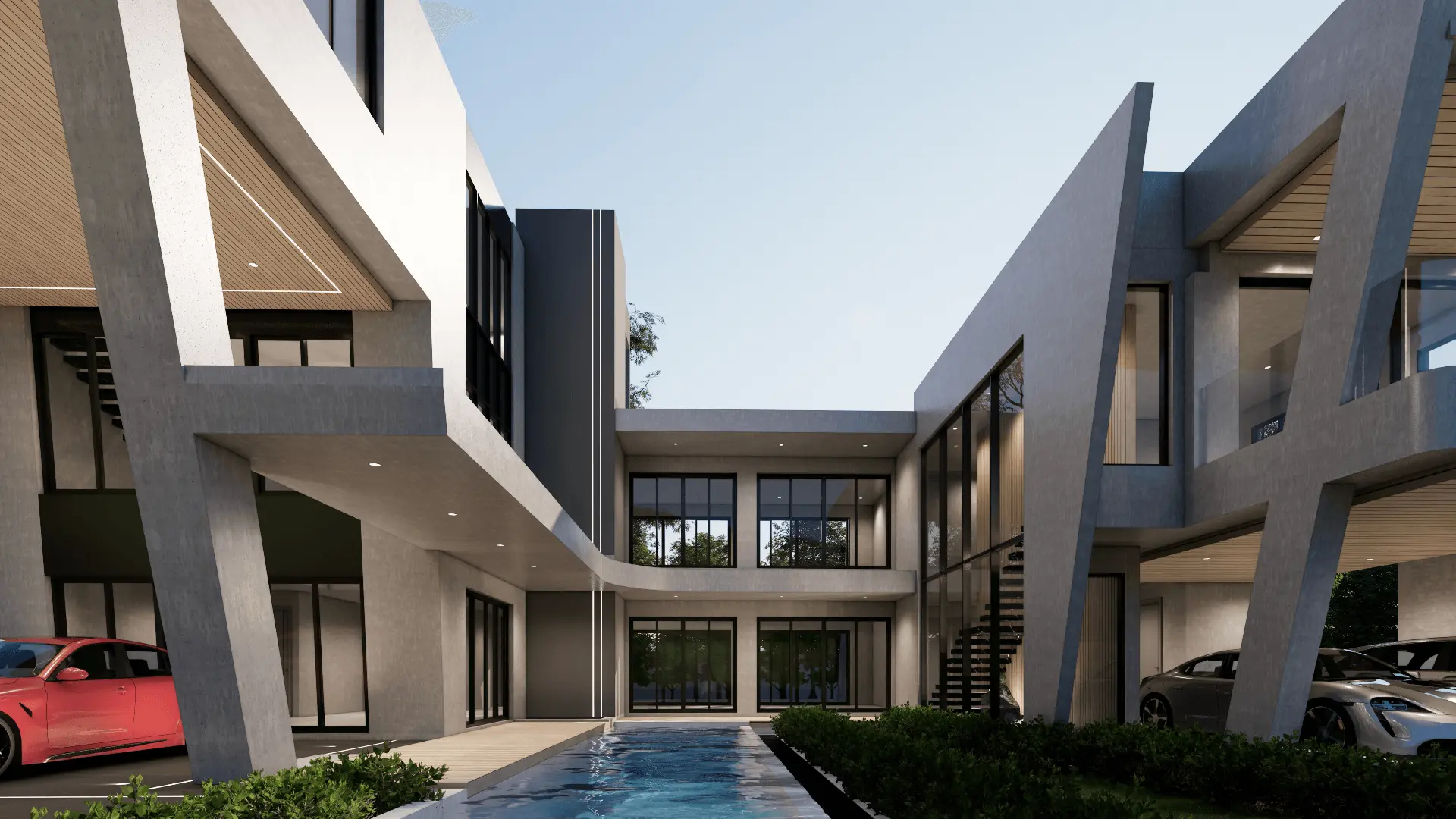 บ้าน Modern Luxury พร้อมโรงจอดรถและประตูดีไซน์ทันสมัย